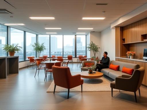 Photo showing a modern and comfortable staff breakroom or common area.